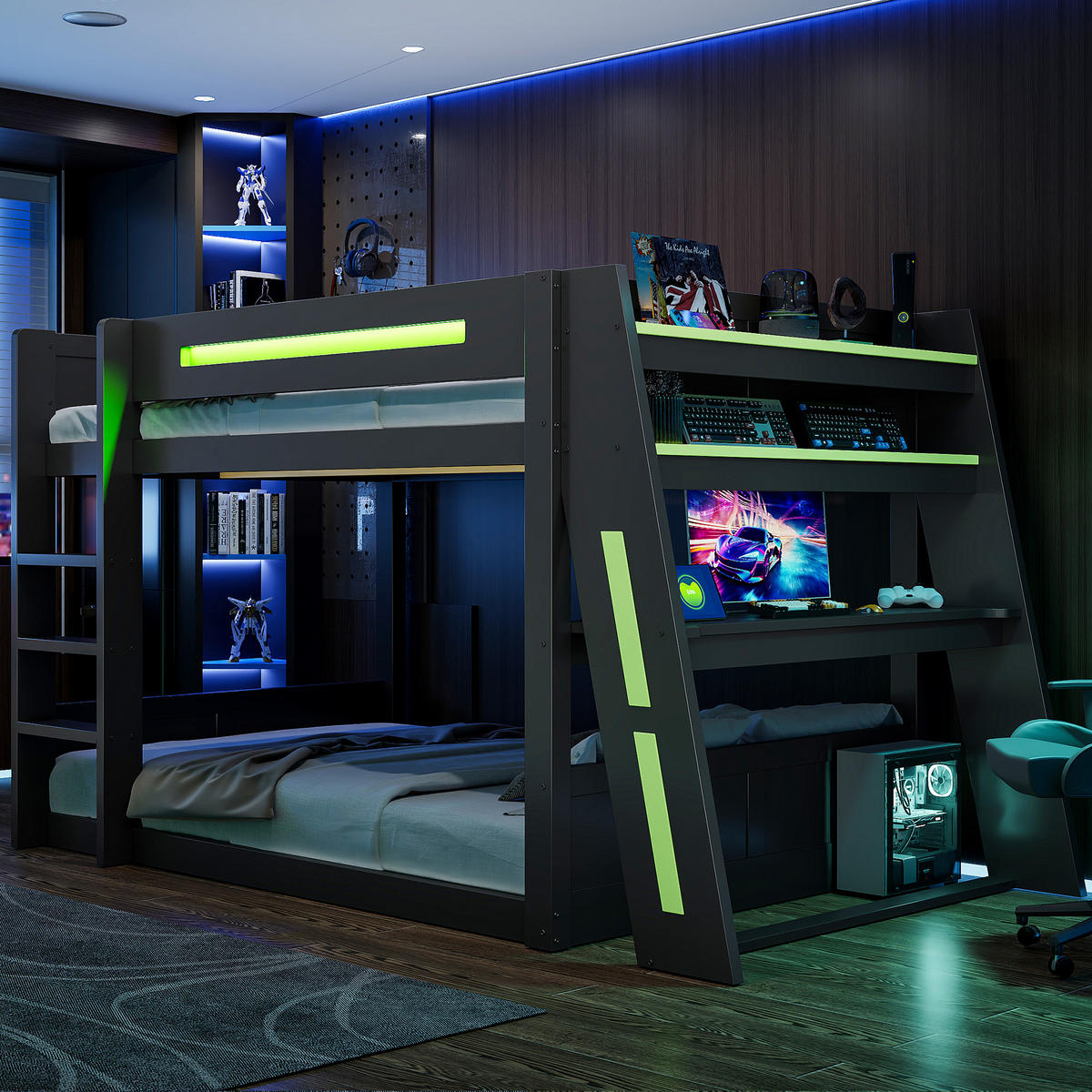 ETAGENBETT 140/200 cm in Schwarz & Grün mit Schreibtisch, 2 Ablagen, LED und USB aus Holz im Gamer-Design - Schwarz, Holzwerkstoff/Metall (140/200cm) - STILVORA