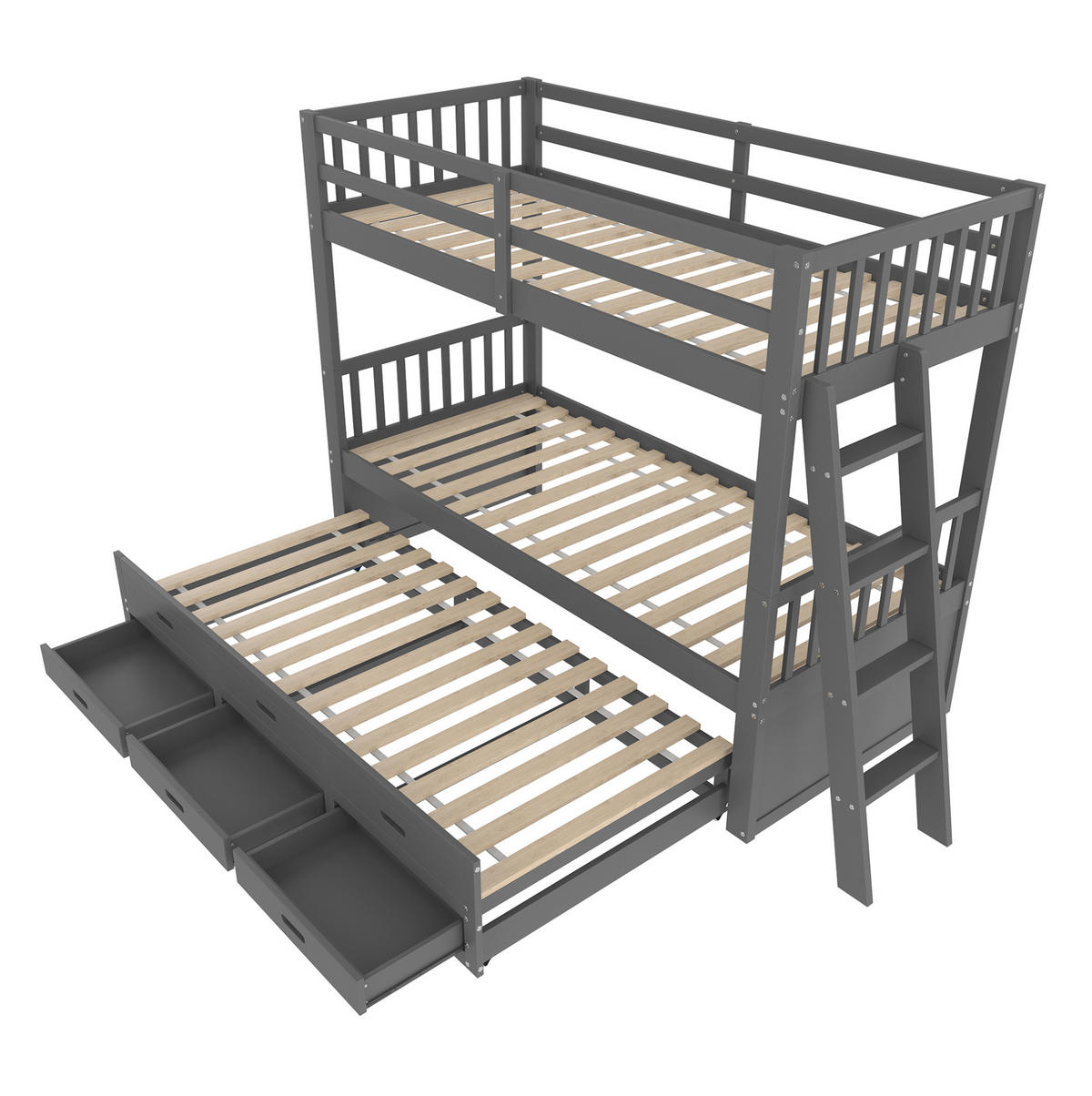 ETAGENBETT 90/200 cm mit Ausziehbett, 3 Schubladen und Leiter aus Kiefernholz und MDF, Grau - Grau, Holzwerkstoff (90/200cm) - Redom