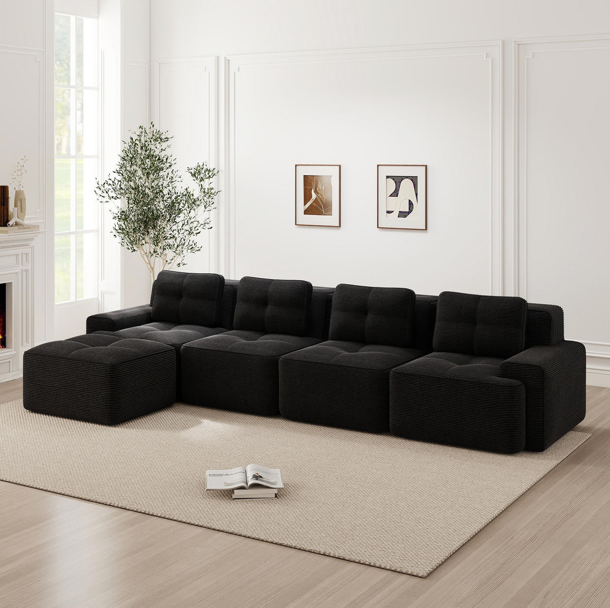 ECKSOFA 382/177/69 cm schwarz aus Cord mit 74 cm Tiefsitz und Chaiselongue - Schwarz, Textil (177/382cm) - OKWISH