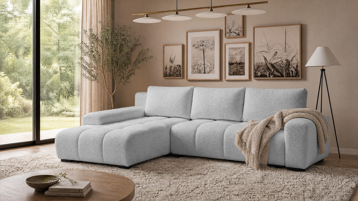 ECKSOFA Ovia mit Bettkasten und Schlaffunktion, Bouclé-Stoff in L-Form - Hellgrau, Textil (270/185cm)