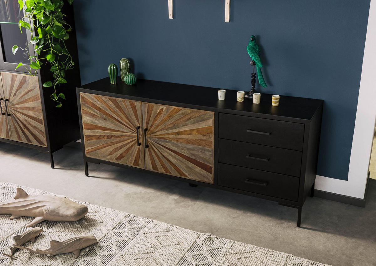 SIDEBOARD Sheesham 178x45x75 schwarz lackiert SUN #100 - Schwarz, Holz (178/75/45cm) - Massivmoebel24