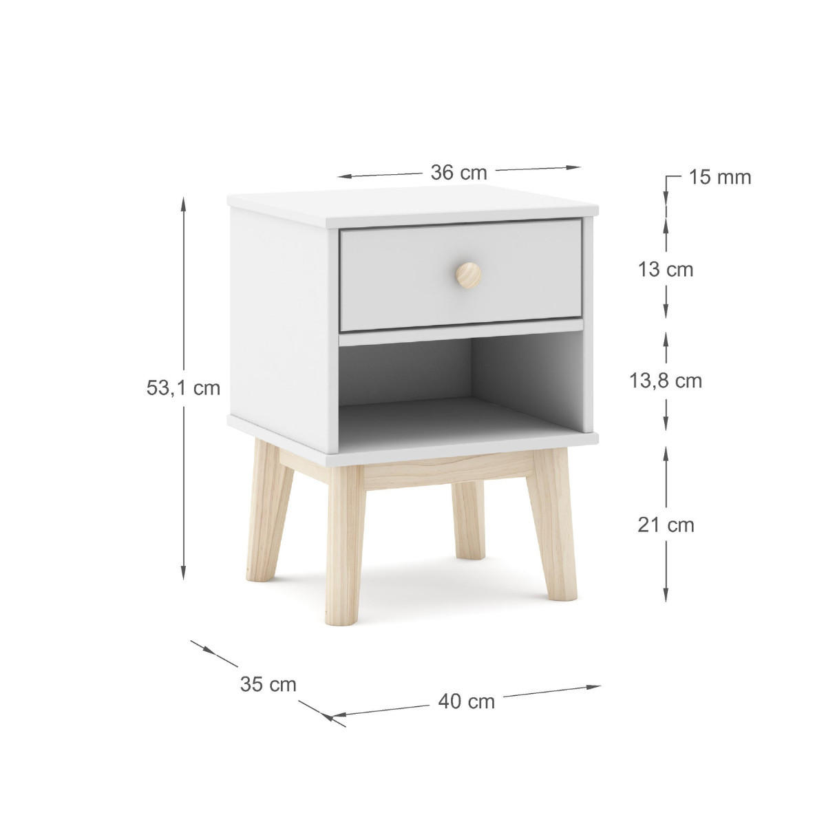 NOČNÍ stolek s 1 zásuvkou a 1 otevřeným výklenkem, šířka 40 cm - SIMON - bílá, kompozitní dřevo (35/53.1/40cm) - Calicosy