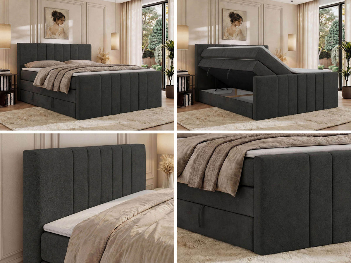 BOXSPRINGBETT INERO DUO KING 180/200 - Dunkelgrau Stukture - Topper Visco - H3 - Dunkelgrau/Schwarz, Kunststoff/Textil (180/200cm) - MKS