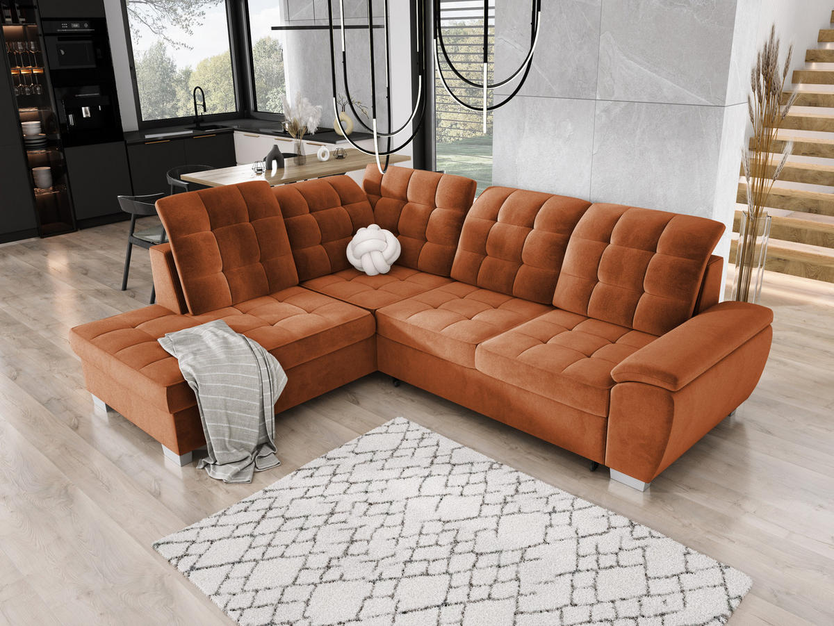 ECKSOFA LOTTA SALVADOR Bettkasten verstellbare Kopfstützen hochwertige Verarbeitung lose Rückenkissen freistehend LINKS 212x258x106 cm Dark orange - Dunkelorange, Holz/Textil (212/258cm) - DomoHome