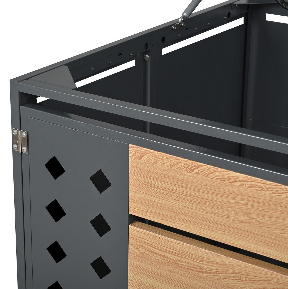 MÜLLTONNENBOX aus Stahl in Grau Holzoptik mit hydraulischem Klappdeckel - Grau, Metall (132/118.5/80cm) - Modfu