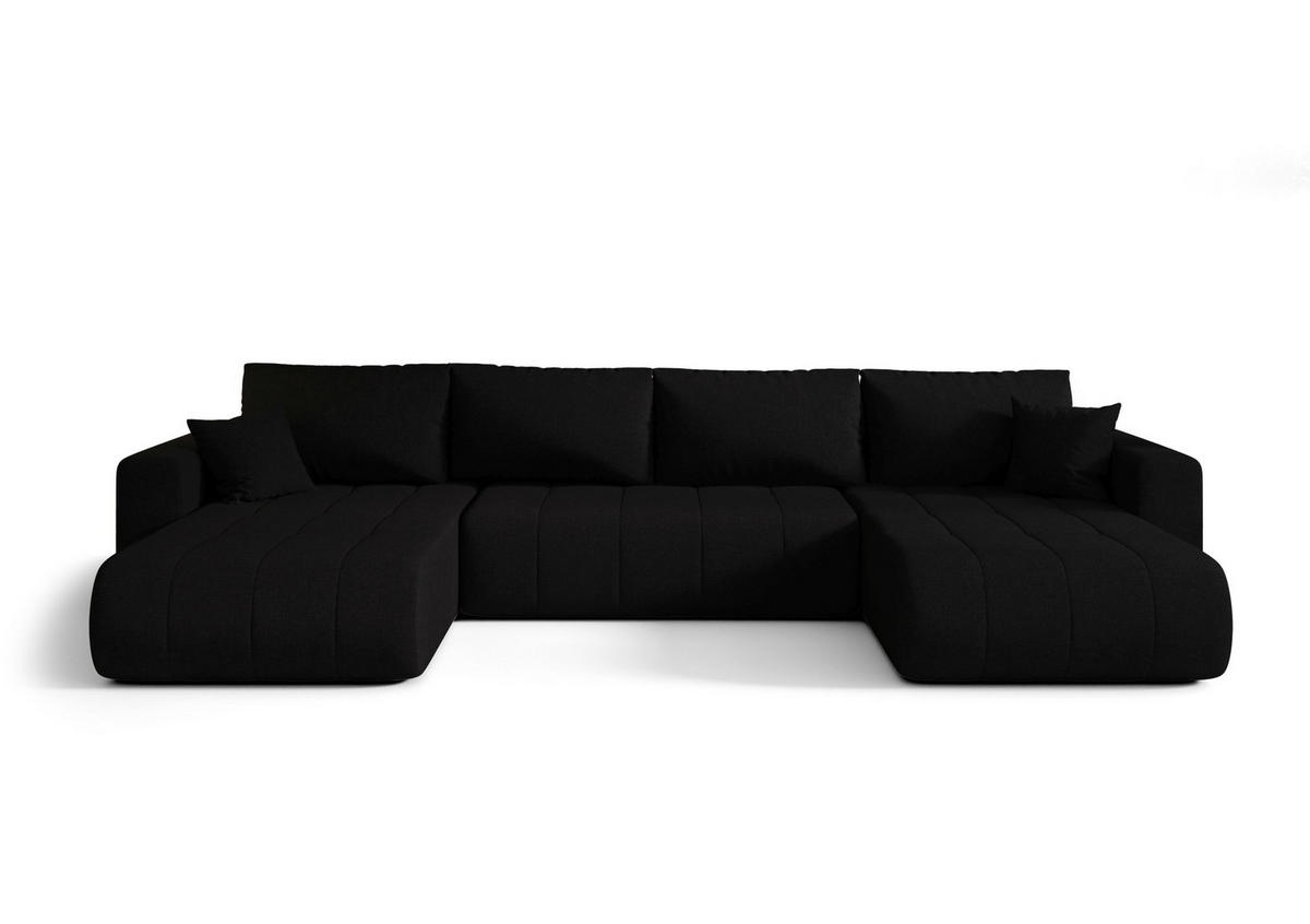 WOHNLANDSCHAFT LARA U-Form schwarz Strickstoff Wind 99 - Schlaffunktion, Bettkasten - Schwarz, Textil (385/85/175cm) - Cornero