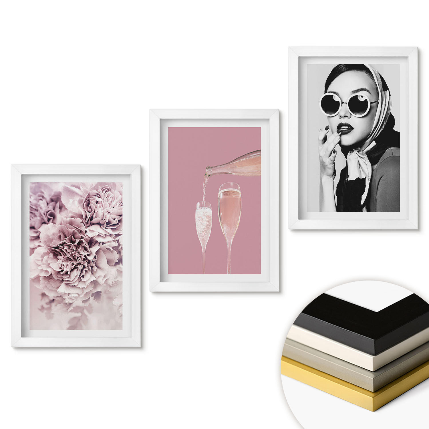 WANDBILDER 3er-Set - 20x30 cm Weißer Rahmen - Rosenblüten und eine elegante Dame - Weiß, Kunststoff (20/30cm) - ArtPrintCave