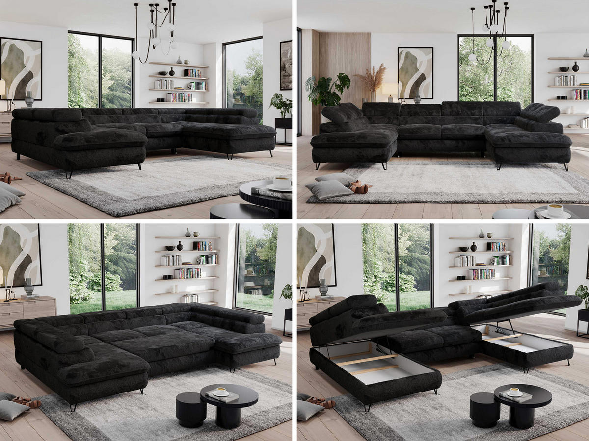 WOHNLANDSCHAFT PEDRO U Plüsch Schwarz - Schwarz, Textil/Metall (346/76/208cm) - MKS
