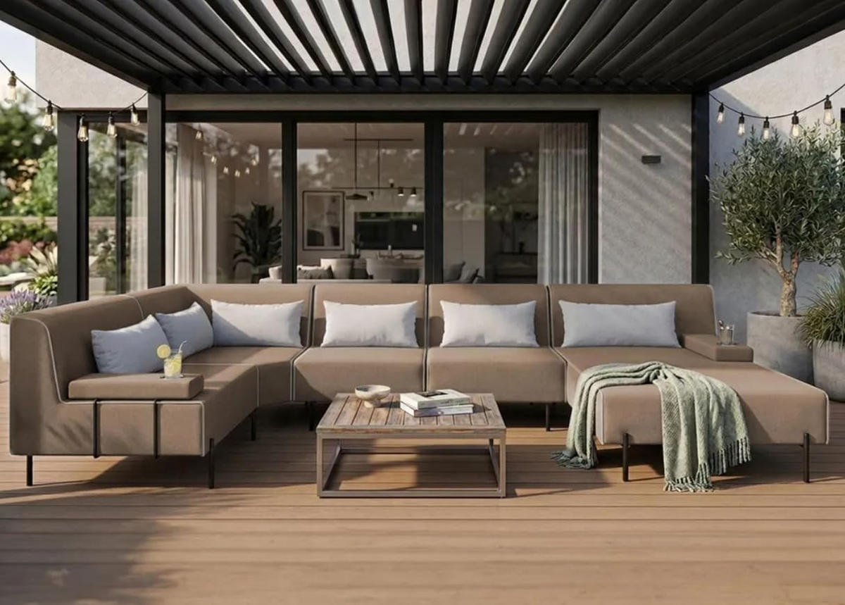 GARTENSOFA BORNEO XL Wetterfest 370x222x86 cm, Links, Solide Konstruktion, HR-Schaumfüllung, Wetterfeste Bezugstoff, Beige - Beige, Holz/Metall (370/86/222cm) - Trada