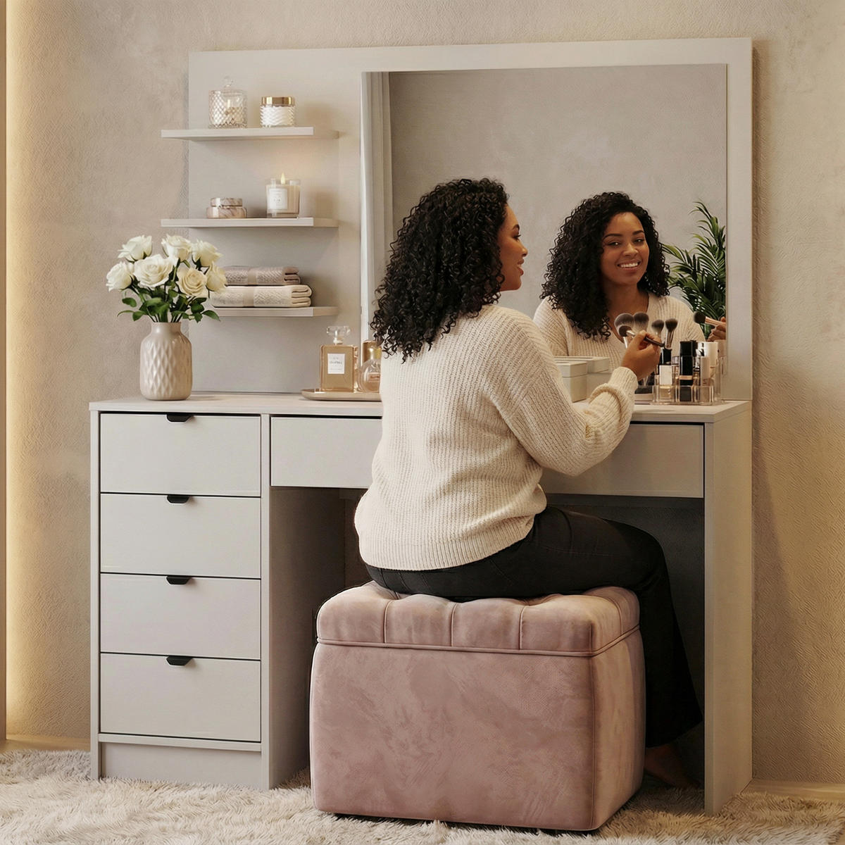 SCHMINKTISCH Malta mit 5 Schubladen, mit Spiegel, mit Griffen, Kaschmir - Kaschmir/Schwarz, Holzwerkstoff/Metall (120/145.5/57cm) - Beautysofa