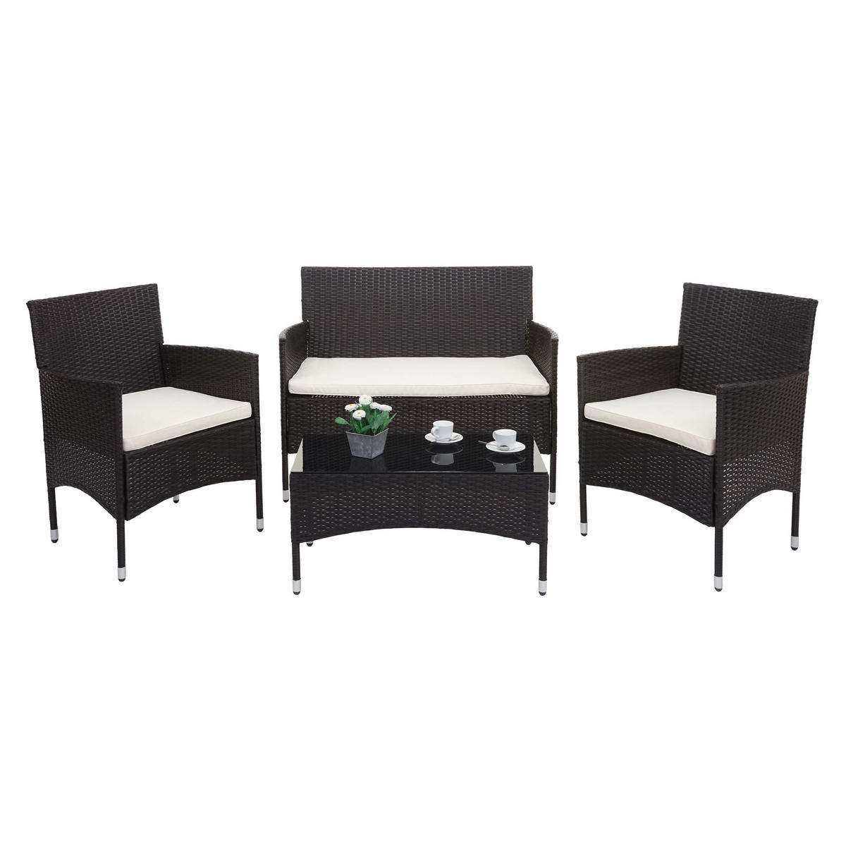 POLY-RATTAN GARNITUR Braun, Cremeweiß - Braun/Weiß, Kunststoff - MCW