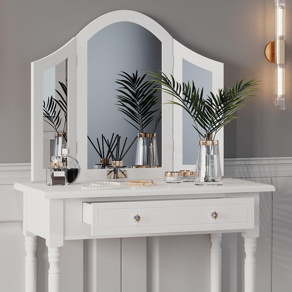 SCHMINKTISCH Kate Weiß 80 cm mit Hocker - Weiß, Holzwerkstoff (80/133.5/40cm) - Vicco