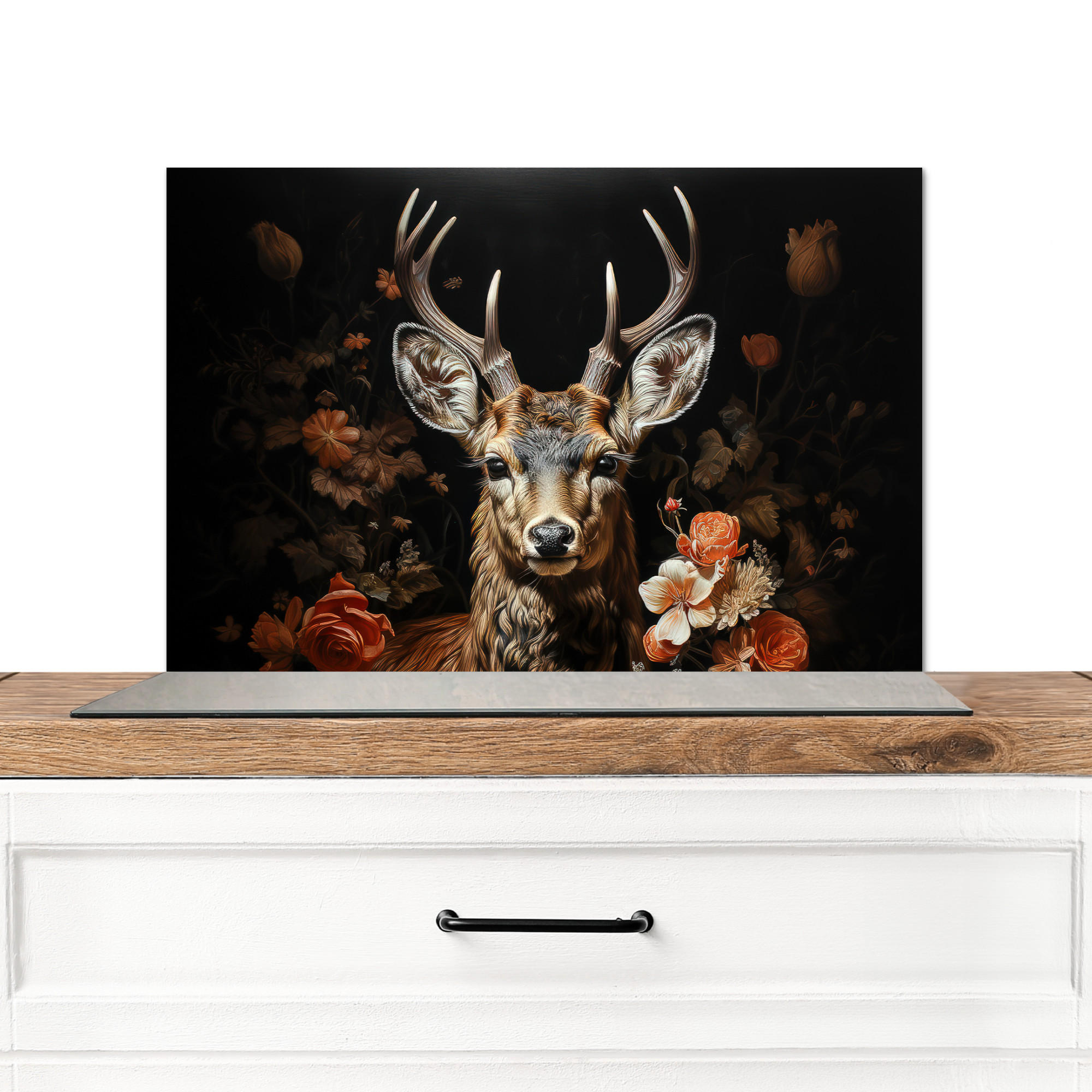 SPRITZSCHUTZ KÜCHE Hirsch - Tier - Blumen - Natur - Botanisch 70x50 cm - Kupferfarben, Metall (70/0.3/50cm) - MuchoWow