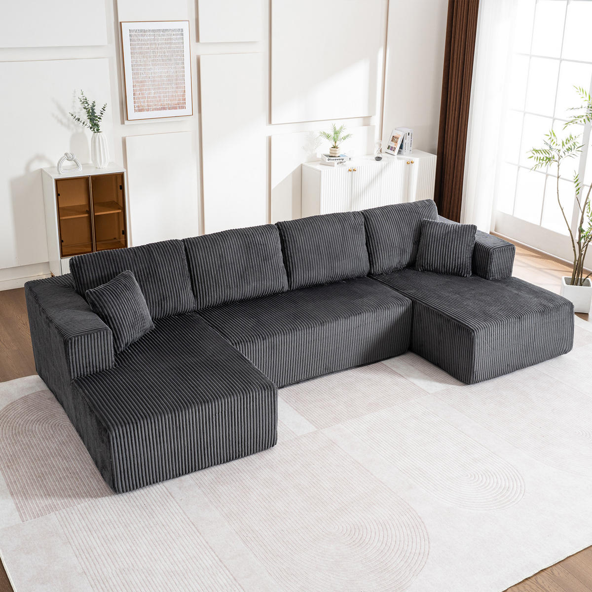 WOHNLANDSCHAFT Cord Grau mit Schlaffunktion und mit Kissen - Grau, Textil (332/88/156cm) - WISHDOR
