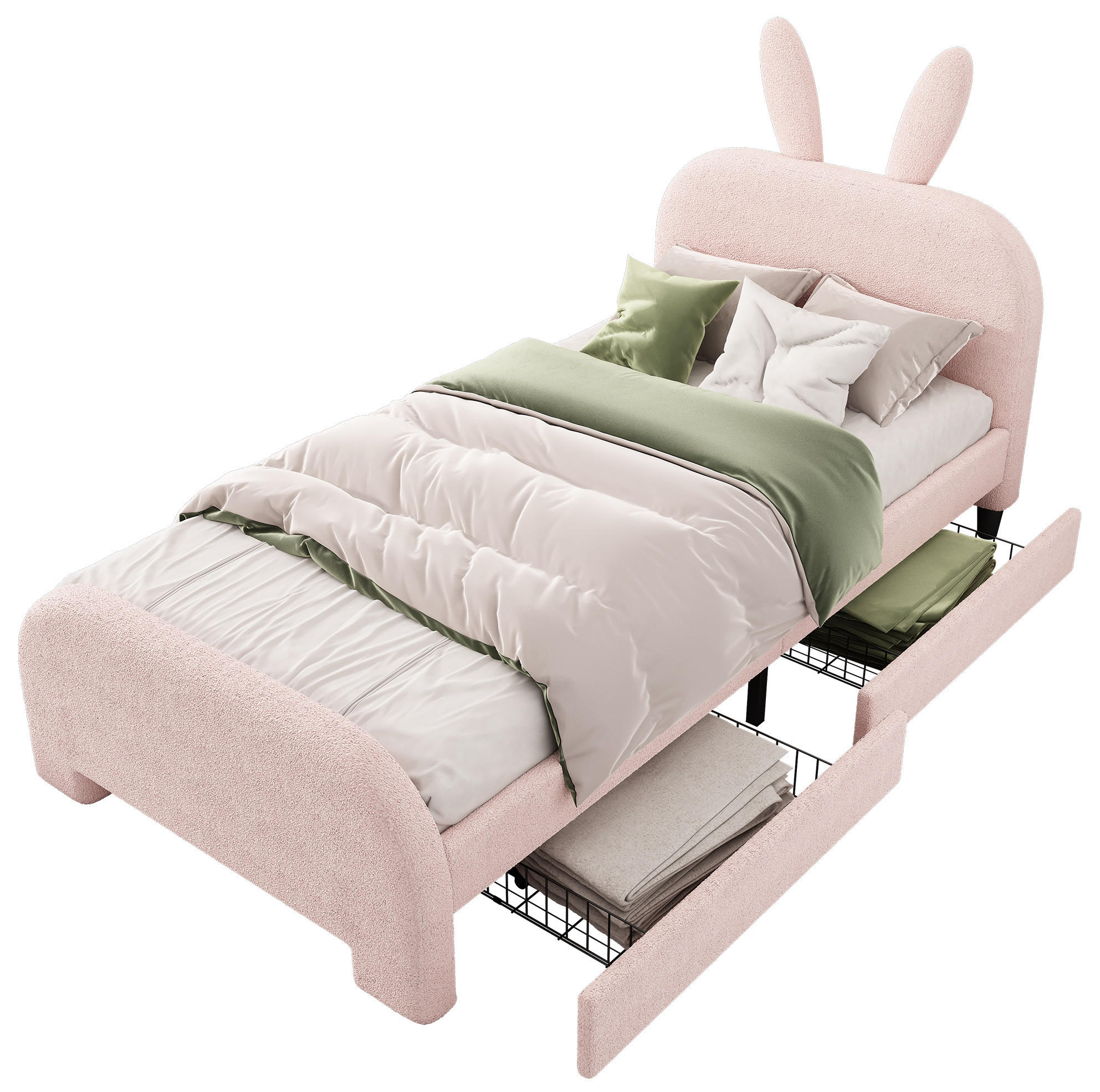 OKWISH DĚTSKÁ postel 90/200 cm růžová z plyše a MDF se 2 zásuvkami a králičím čelem
