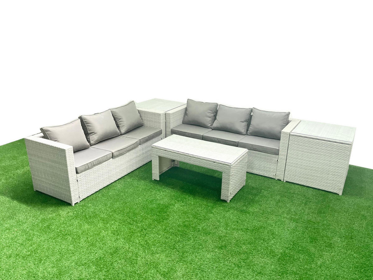 GARTENSOFA hohe Rückenlehne Polyrattan Hellgrau-Mix 6-Sitzer - Hellgrau/Grau, Glas/Kunststoff - Fimous