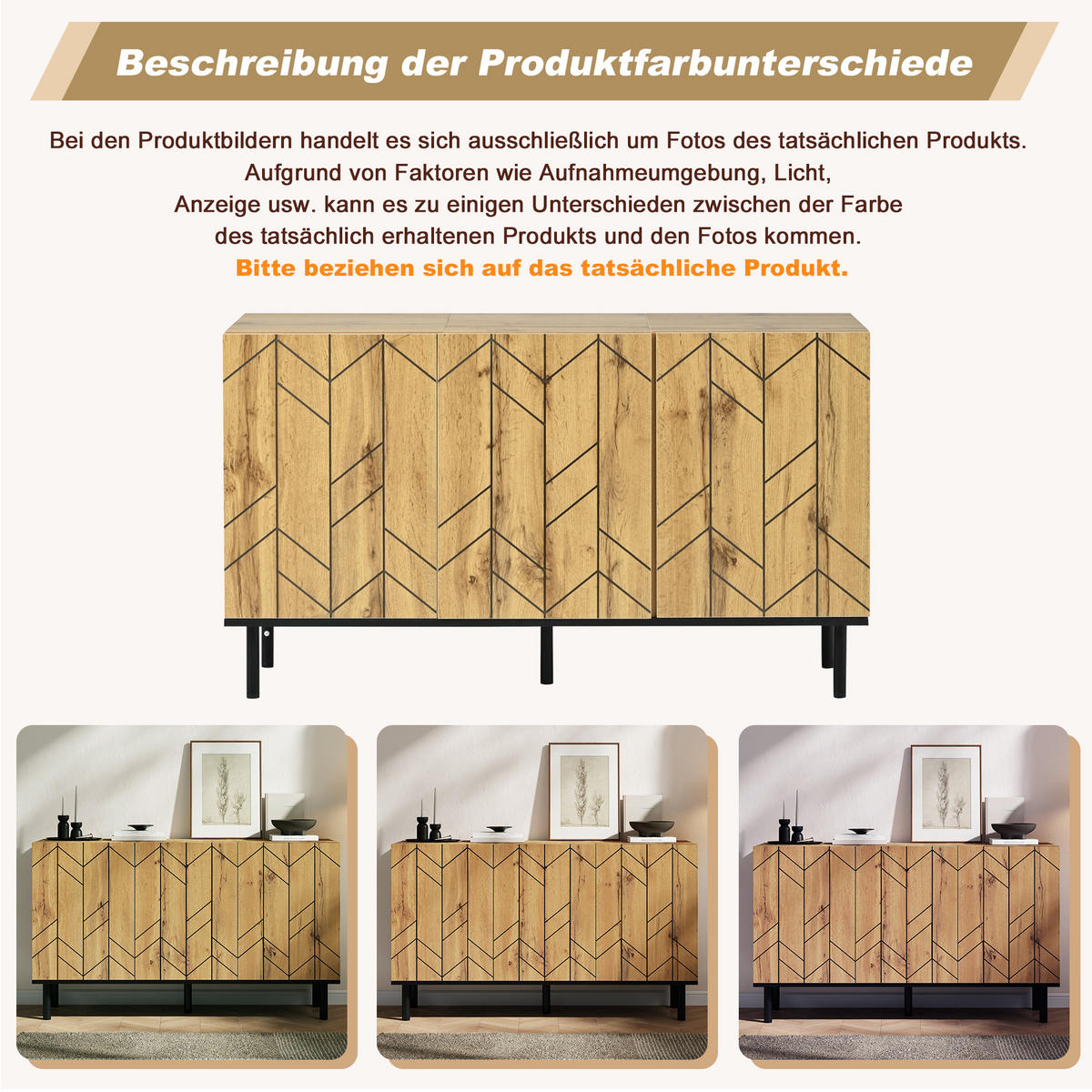 SIDEBOARD 120cm 3 Türen Wellenmuster Naturholz Metallbeine - Naturfarben, Holzwerkstoff (120/70/35cm) - FLIEKS