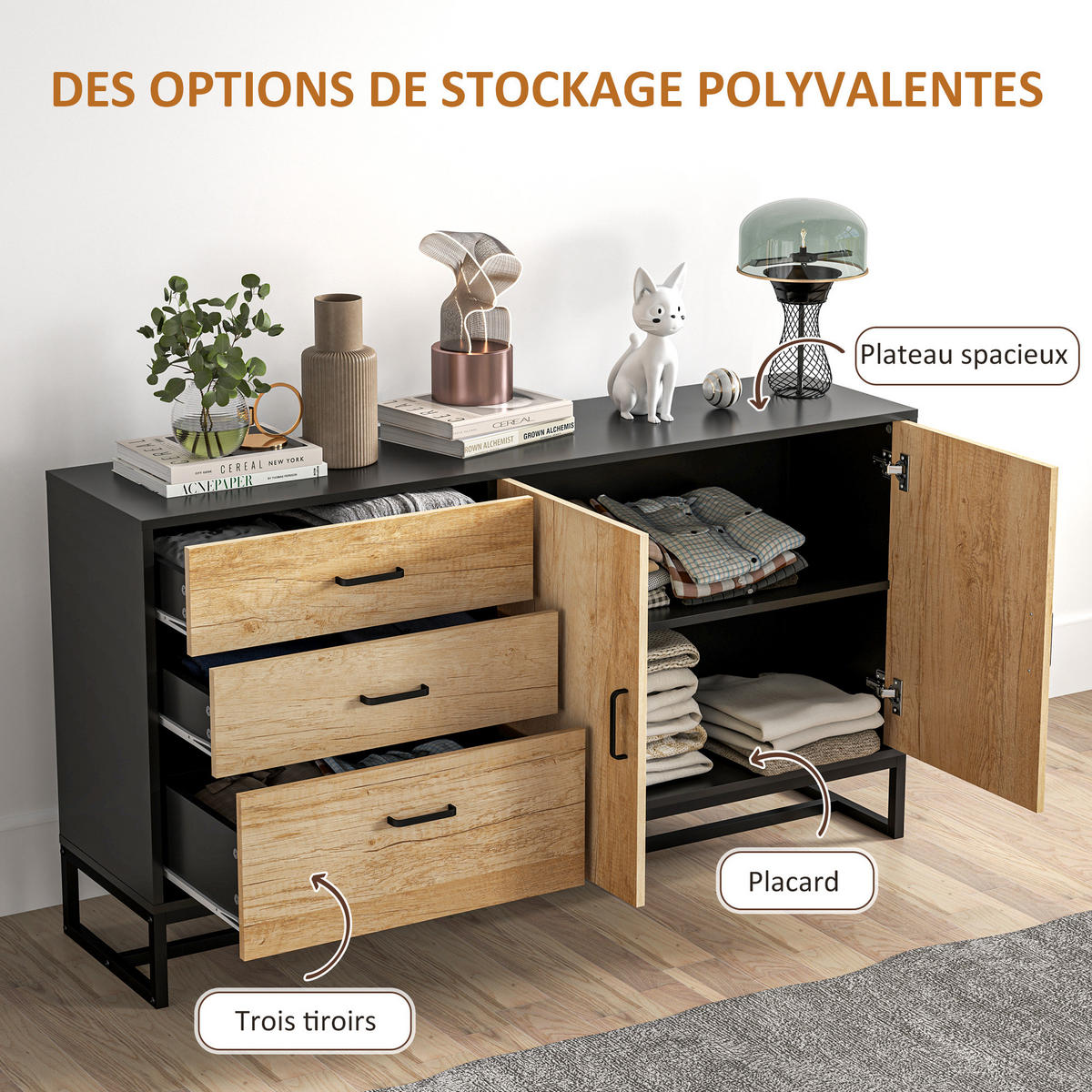 SIDEBOARD DE-11119 3 Schubladen & verstellbarer Boden Weiß - Naturfarben, Holzwerkstoff (140/75/35cm) - ComfortXL
