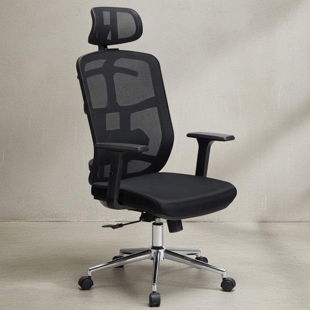 BÜRODREHSTUHL Schwarz Mesh mit Synchronmechanik, 3D-Armlehnen und Aluminiumfuß ALTAI - Silberfarben/Schwarz, Kunststoff/Textil (68/130/68cm) - KADIMA DESIGN