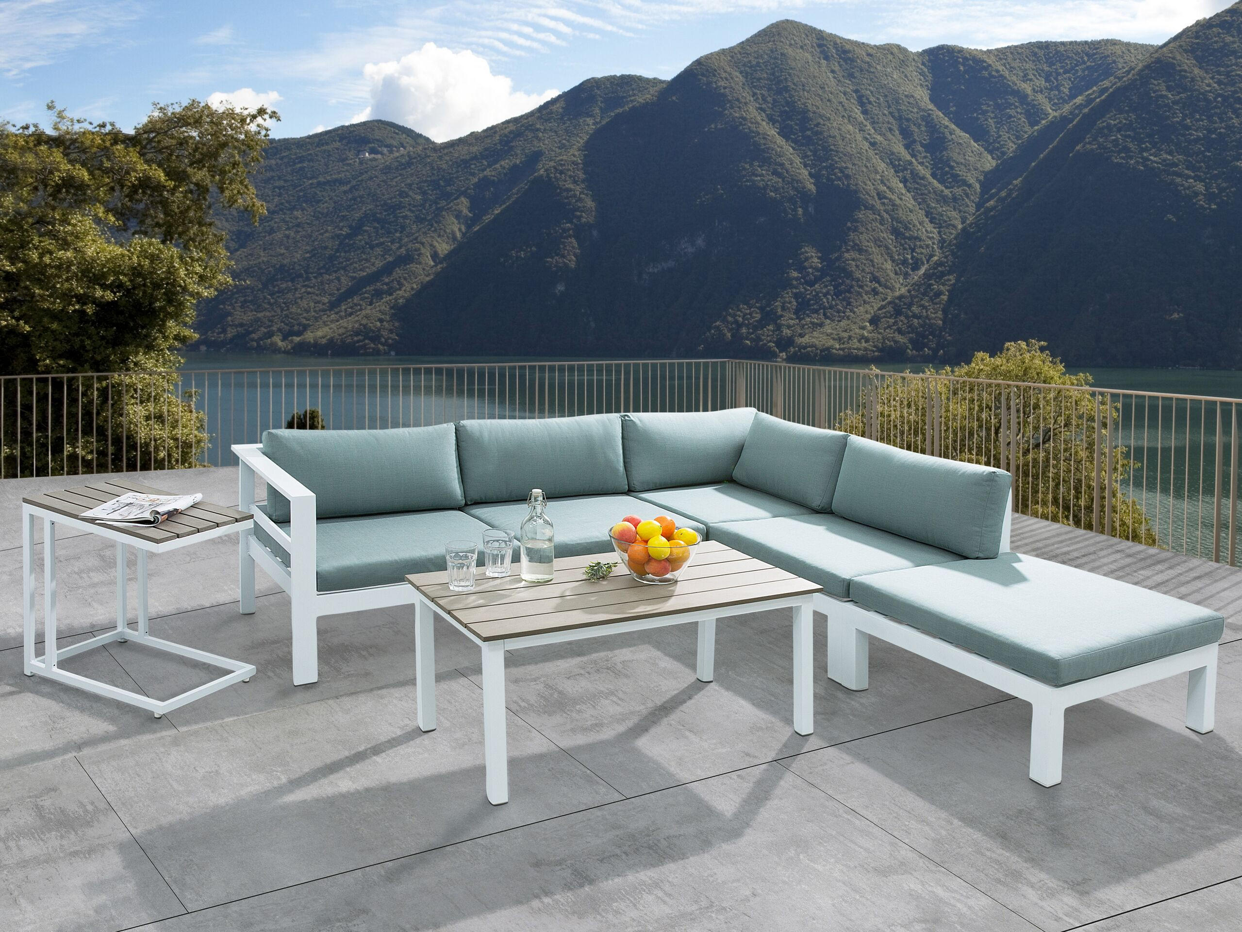 LOUNGE SET 5-Sitzer weiß Auflagen grün-grau Messina - Blaugrau/Weiß, Metall - Beliani