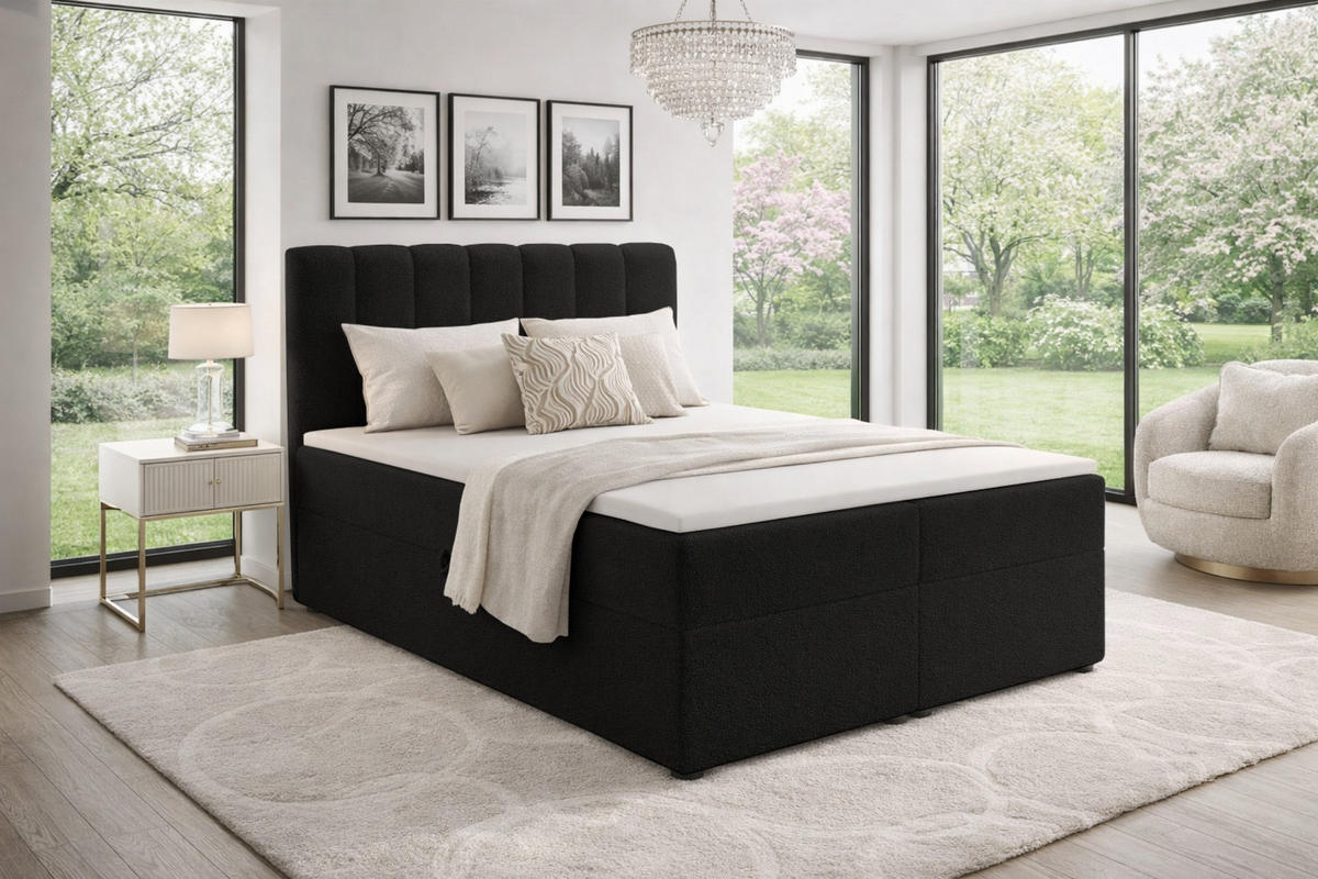 BOXBETT VINCENT 200/200 in Boucle Schwarz H3 - Schwarz, Holz/Holzwerkstoff (200/200cm) - Deine Möbel 24
