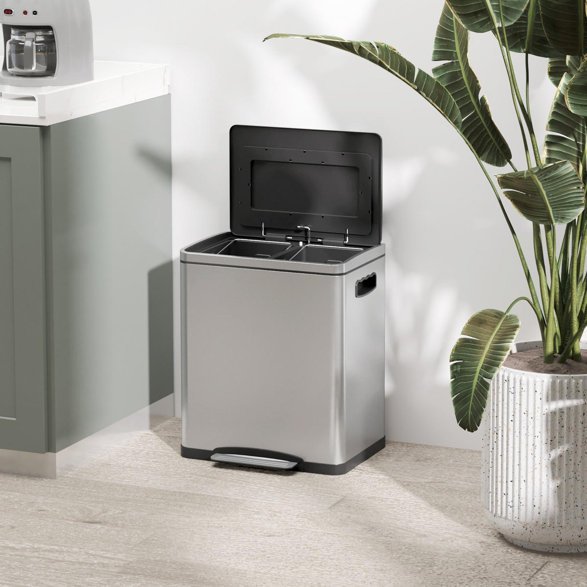 MÜLLEIMER 2 FÄCHER 15L 40/34,8/47,5 cm Edelstahl Silber Treteimer Mülltrennsystem - Silberfarben, Metall (34.8/47.5/40cm) - Rolipo