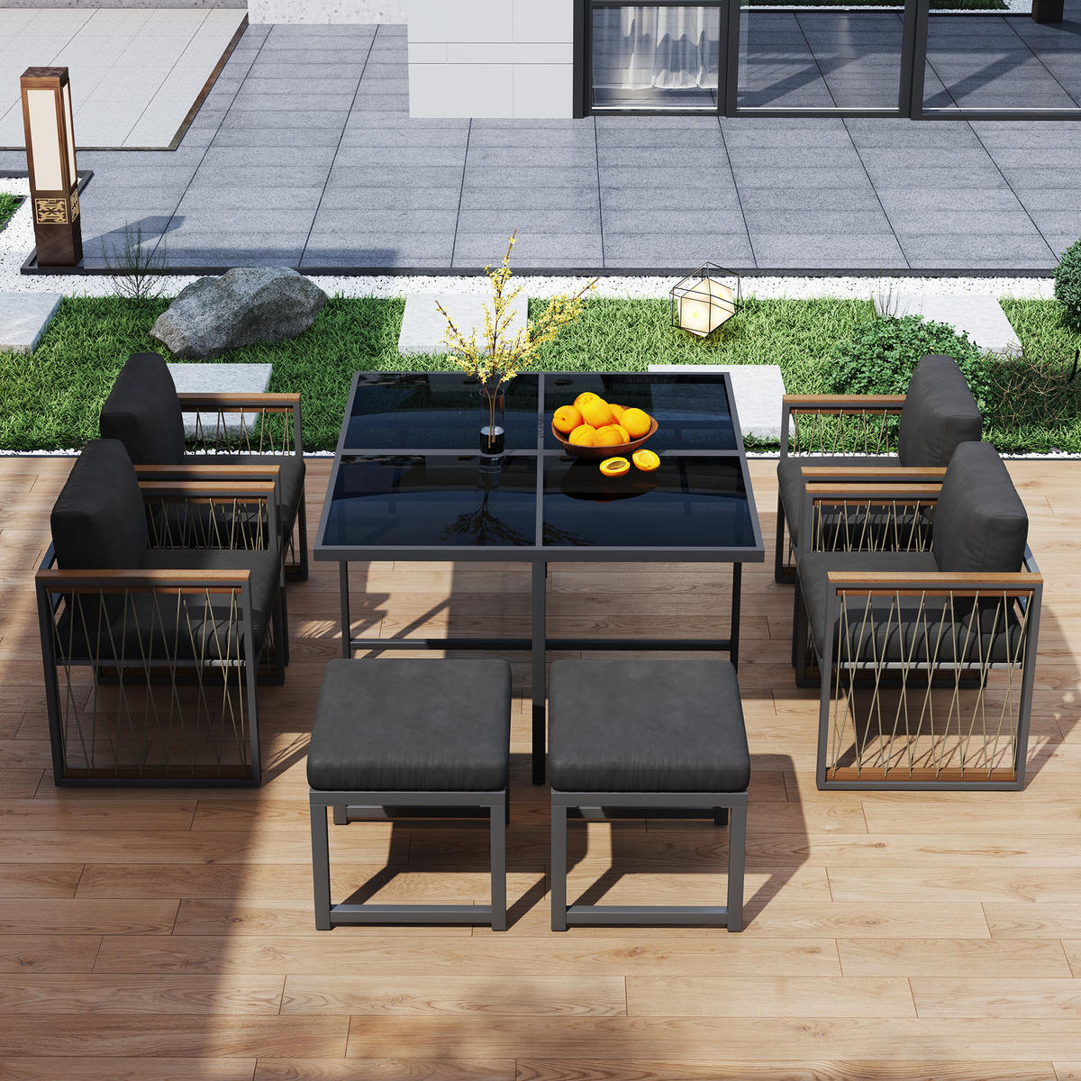 GARTENSET 7 tlg Glas Tisch 6 Personen - Schwarz, Metall - LEBENLANG