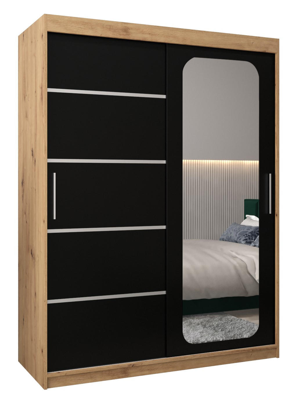 SCHWEBETÜRENSCHRANK 200/150/62 2-türig - Silberfarben/Schwarz, Holz/Kunststoff (150/200/62cm) - Abiks Möbel