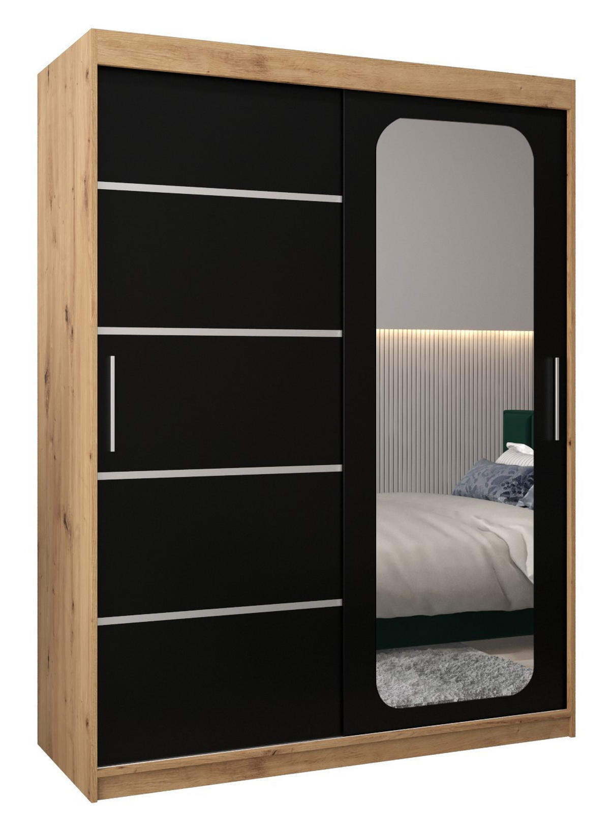 SCHWEBETÜRENSCHRANK 200/150/62 2-türig - Silberfarben/Schwarz, Holz/Kunststoff (150/200/62cm) - Abiks Möbel