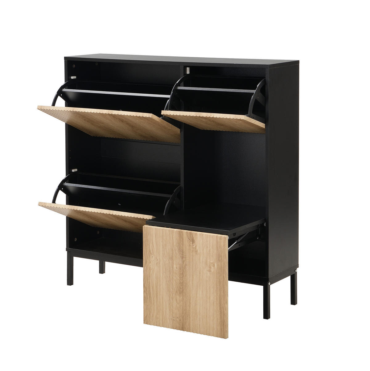 SCHUHSCHRANK 100/25/100 cm in Schwarz/Natur mit 3 Klappen und ausziehbarer Sitzbank - Schwarz, Holzwerkstoff (100/100/25cm) - Flora Grace