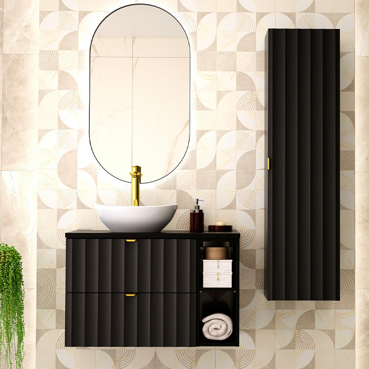 BADMÖBEL 80.6cm Lexa 2er-Set Schwarz - Schwarz, Holzwerkstoff (80.6/52.2/46.5cm) - Petits-meubles