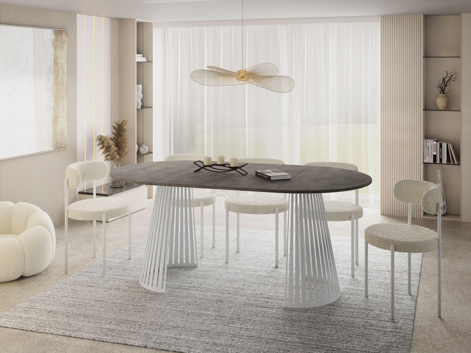 ESSTISCH Naro rund ausziehbar mit Weißem Lamellen-Metallgestell, Beton-Optik Dunkelgrau 100-180/100/76 cm - Dunkelgrau/Weiß, Holzwerkstoff/Metall (100/100/76cm) - WFL GROUP