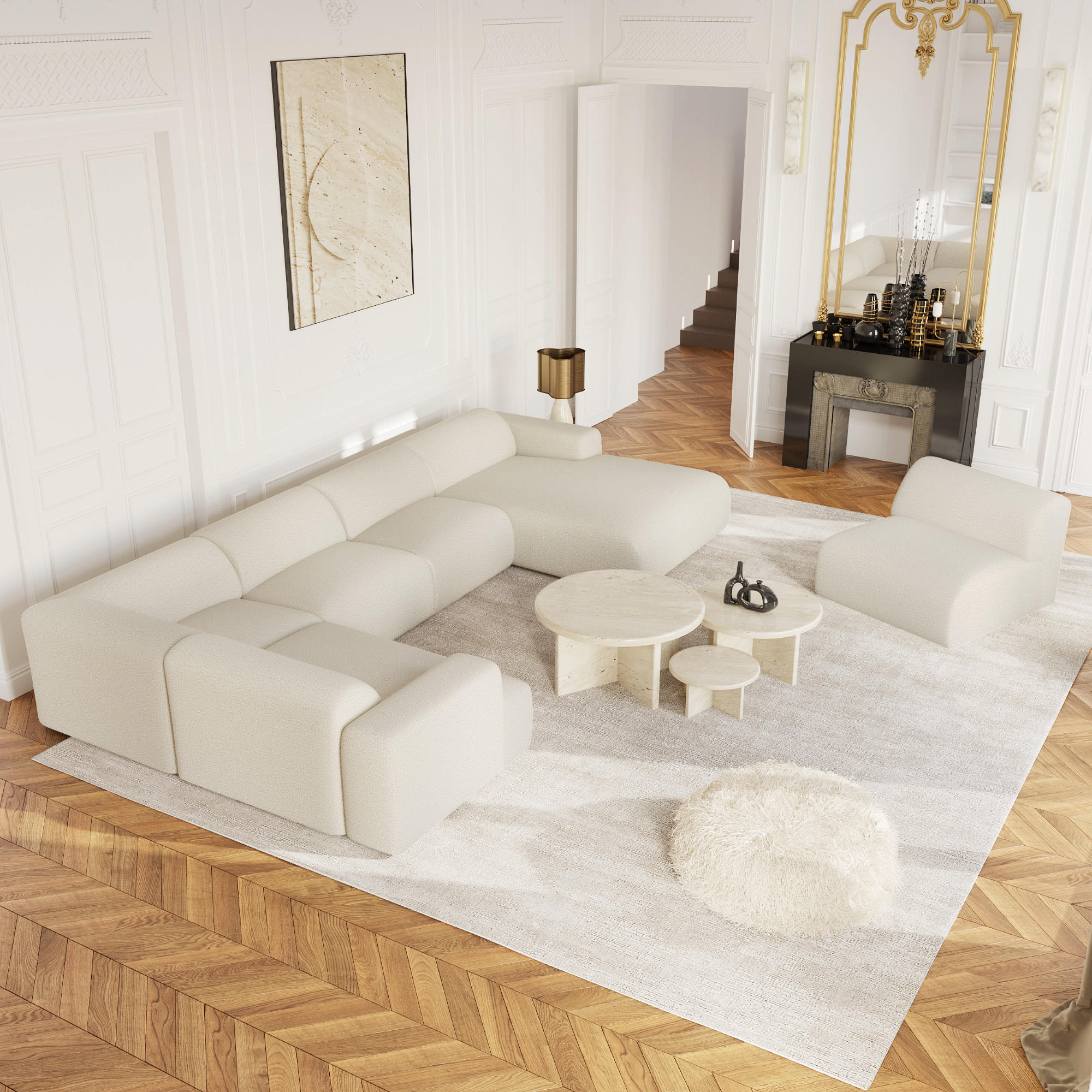 WOHNLANDSCHAFT Bouclé-Stoff Creme 354cm - Creme, Textil (354/73/164cm) - Sia Home