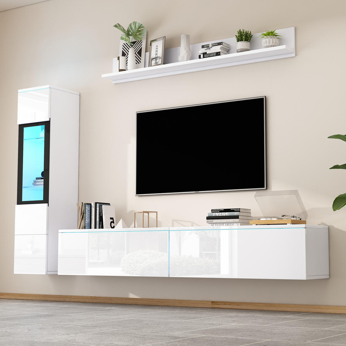 WOHNWAND-SET in Weiß mit LED Beleuchtung für Wohnzimmer, B180/T30/H130 cm - Weiß, Glas/Holzwerkstoff (180/30/33cm) - STILVORA