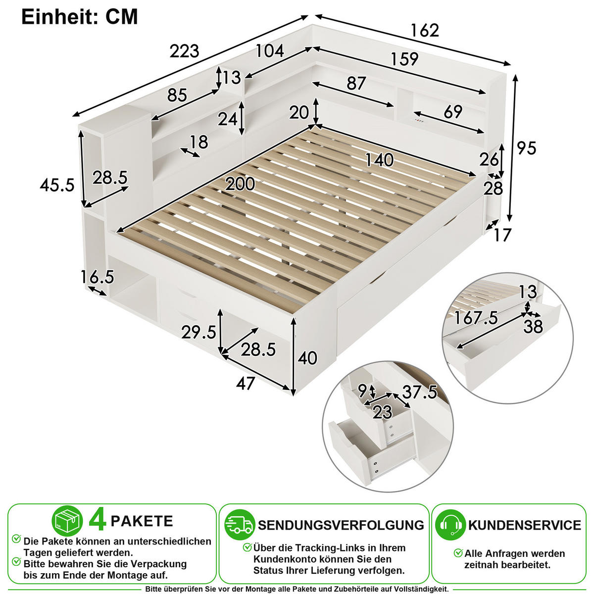 DENNÍ POSTEL 140/200 cm v bílé barvě s LED osvětlením, USB a úložným prostorem - bílá, dřevo/kompozitní dřevo (140/200cm) - CHICFURN