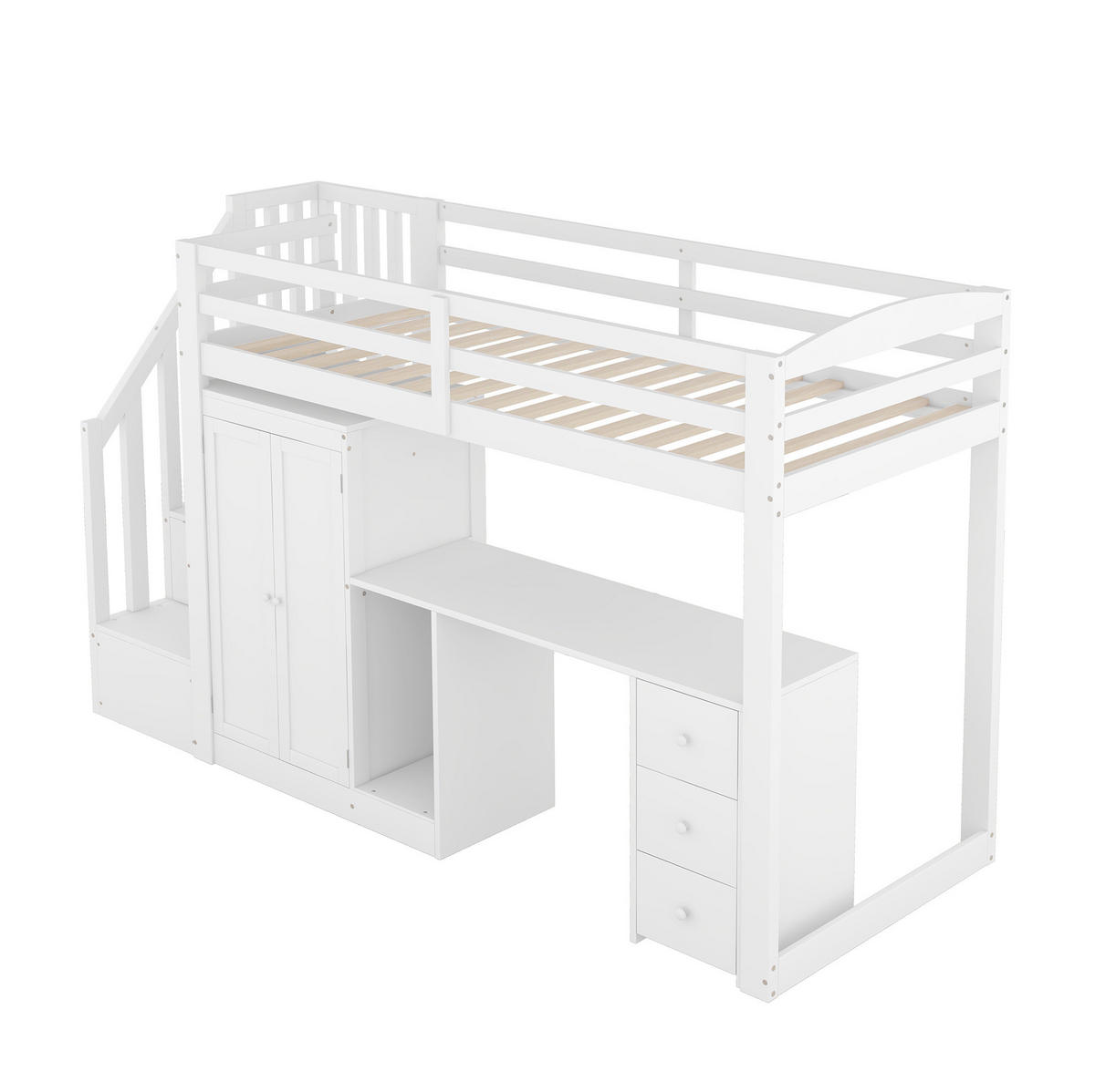 HOCHBETT 90/200 cm mit Schreibtisch, Kleiderschrank, Schubladen, Stauraumtreppe und Lattenrost aus Kiefer , Weiß - Weiß, Holzwerkstoff (90/200cm) - Redom
