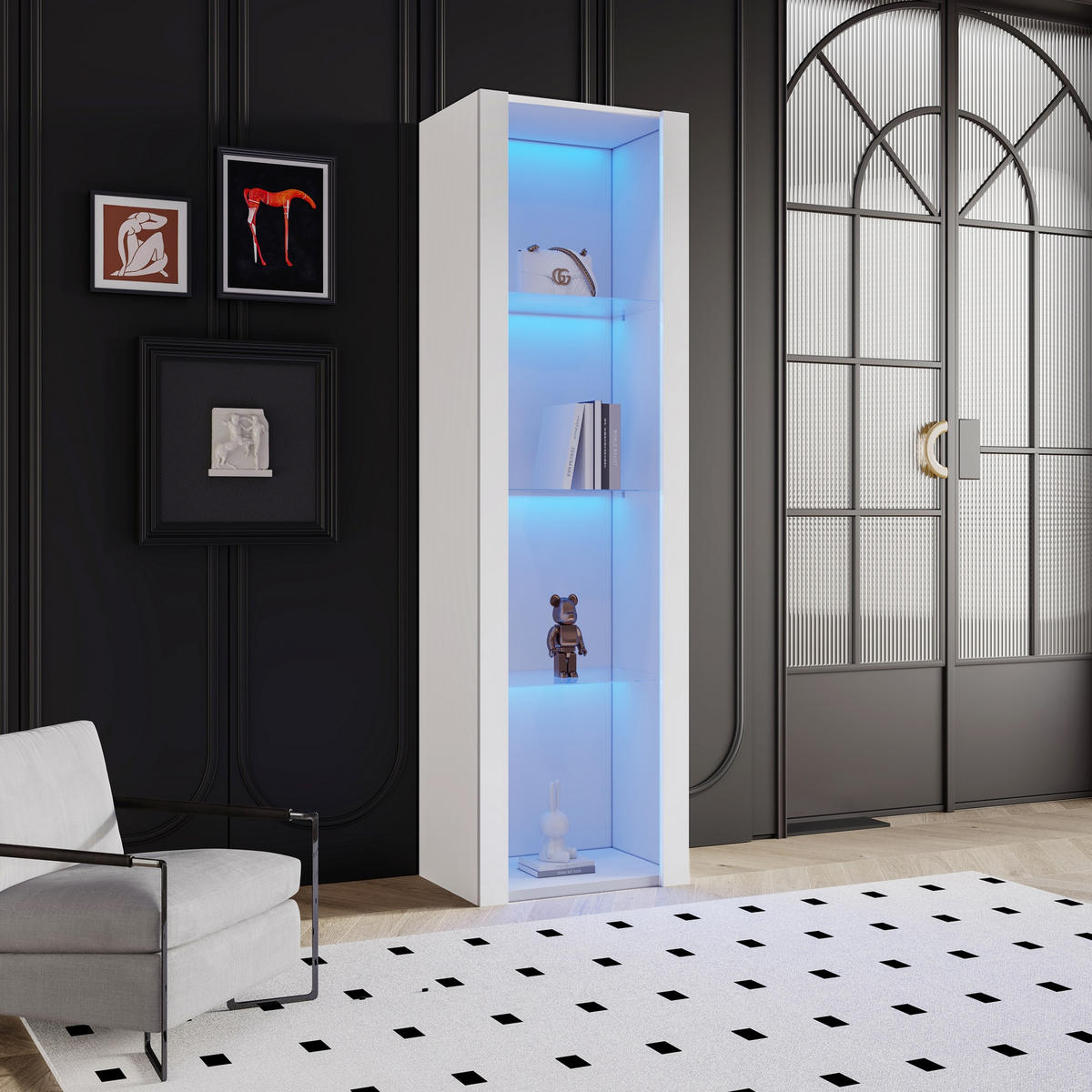 VITRINE 55/38/166 cm weiß aus Spanplatte mit Hochglanz und LED - Weiß, Holzwerkstoff (55/166/38cm) - OKWISH