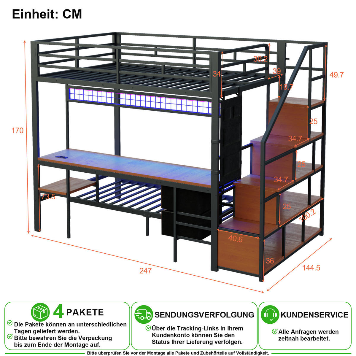 PATROVÁ POSTEL 140/200 cm & 90/200 cm v černé barvě s psacím stolem, LED a zásuvkami - černá, kov/kompozitní dřevo (140/200cm) - CHICFURN