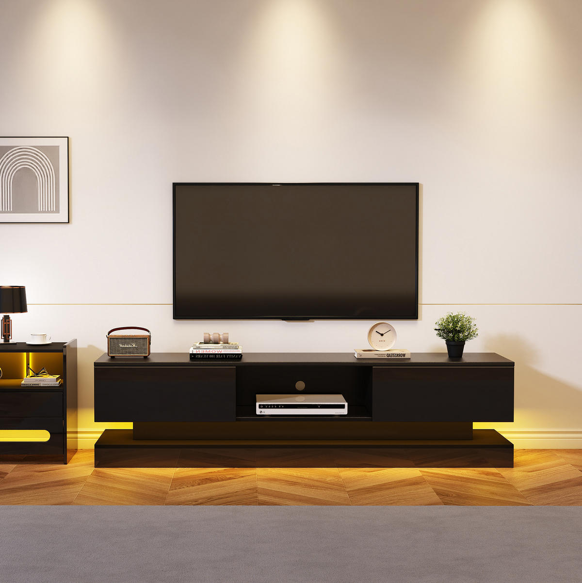 TV-LOWBOARD aus Spanplatte 160x35x40,5 cm Schwarz mit LED-Beleuchtung, 2 Schubladen und App-Steuerung - Schwarz, Holzwerkstoff (160/40.5/35cm) - IVMEU