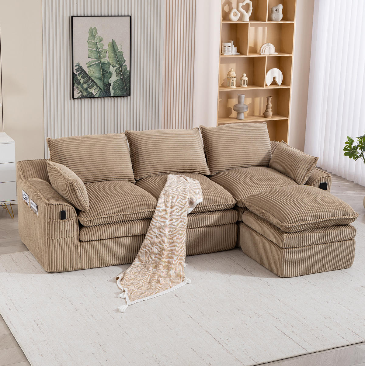3-STIZER Sofa 263/167/85 cm mit Hocker, Cordbezug, Seitentaschen und Federkern, Khaki - Beige, Textil (263/85/167cm) - Redom