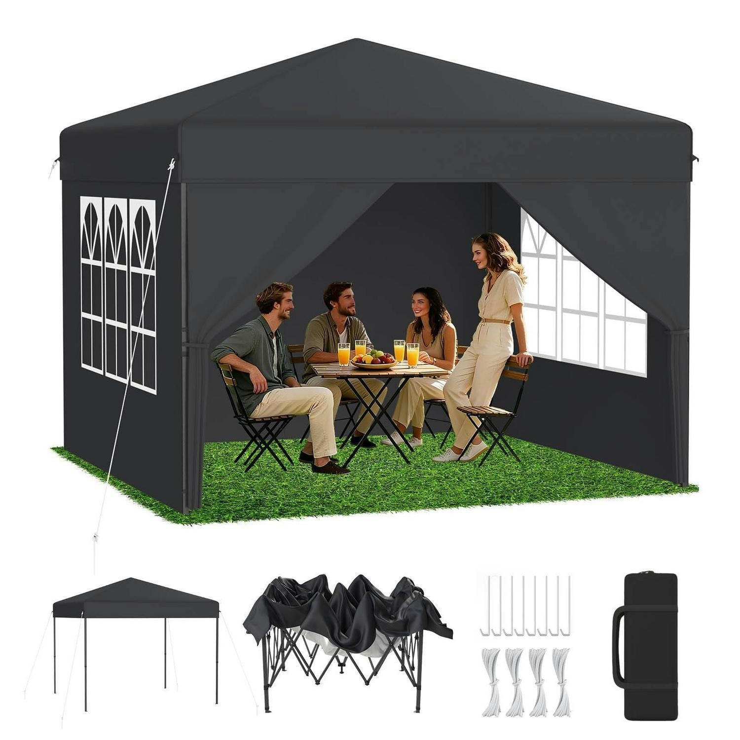 FALTPAVILLON 300 x 300 cm Anthrazit mit Seitenwänden - Anthrazit, Textil (300/260/300cm)