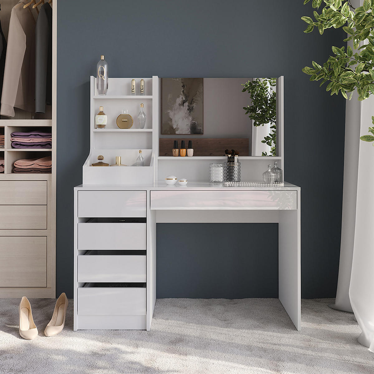 SCHMINKTISCH Sherry Weiß/Weiß Hochglanz 119.8 cm 3 Teile - Weiß Hochglanz, Holzwerkstoff (119.8/76/50.1cm) - Vicco