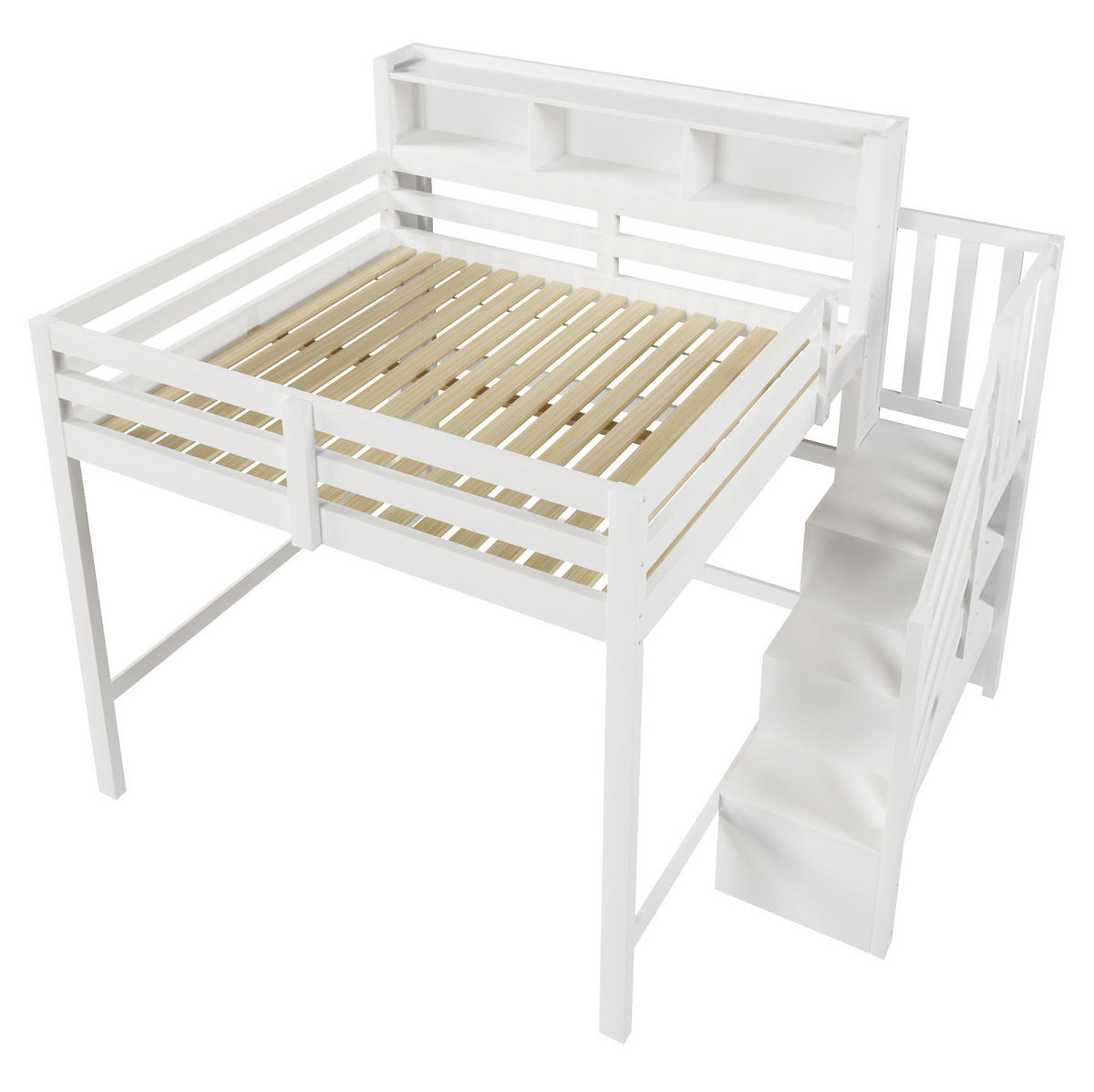 HOCHBETT 140/200 cm Weiß mit LED und Stauraumtreppe ohne Matratze - Weiß, Holz (140/200cm) - MIVRAY