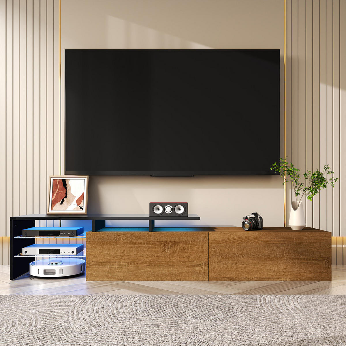 TV-SCHRANK Modern Schwarz Holzoptik Glasböden LED-Beleuchtung - Schwarz, Holz (42.19/18.42/143cm) - FLIEKS