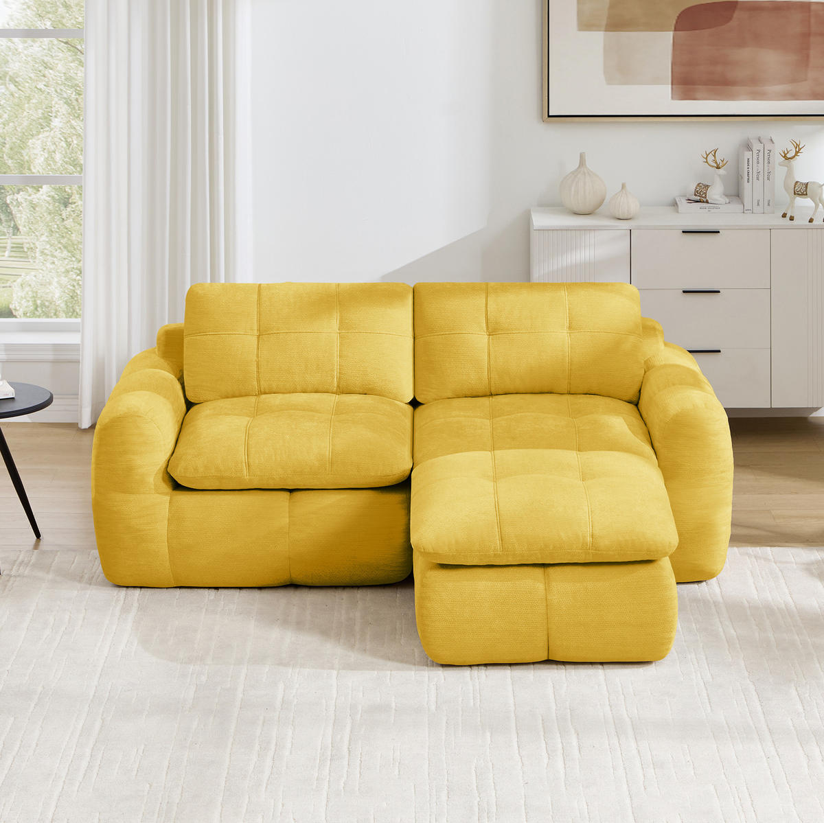 SOFA 194/160/68 cm in Gelb aus Chenille mit Hocker, rahmenlos und montagefrei - Gelb, Textil (160/68/194cm) - Flora Grace