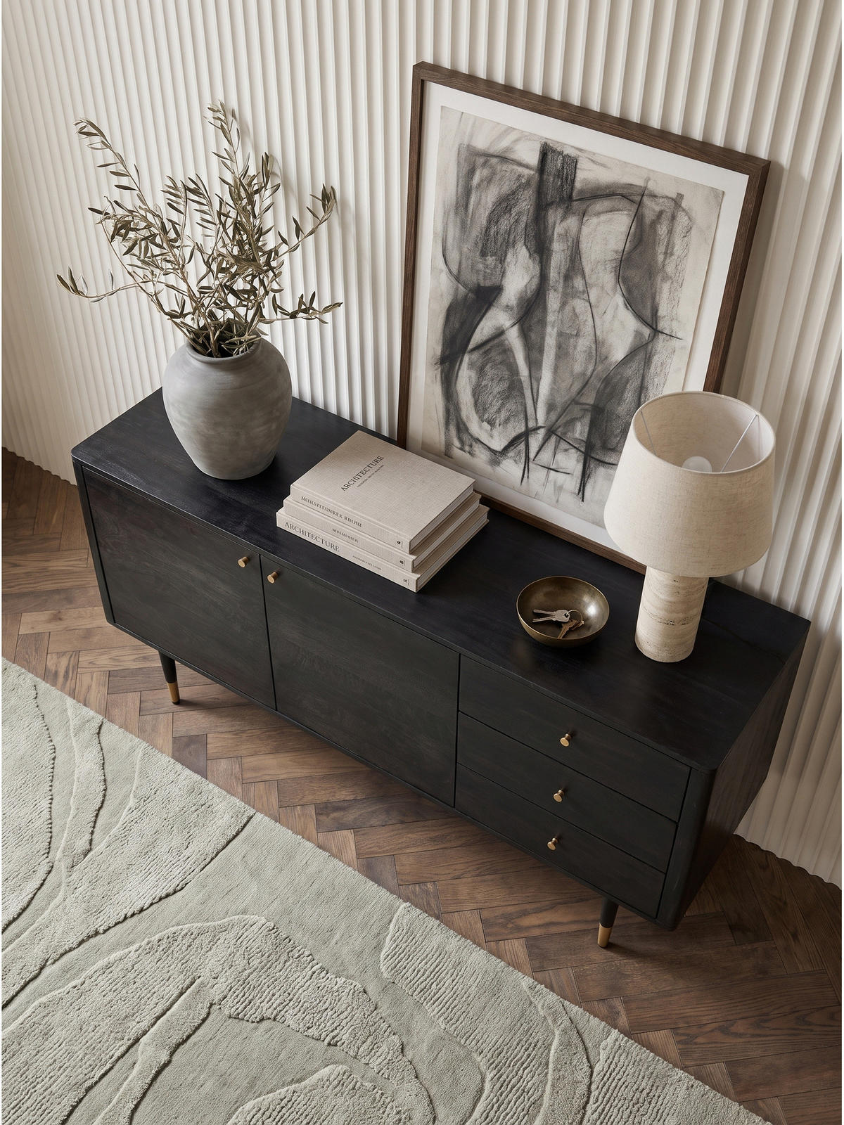 KOMMODE PANAREA, Akazie Massivholz, mit Stauraum, Schwarz, 160 x 42 x 81 cm - Schwarz, Holz/Metall (160/81/42cm) - KADIMA DESIGN