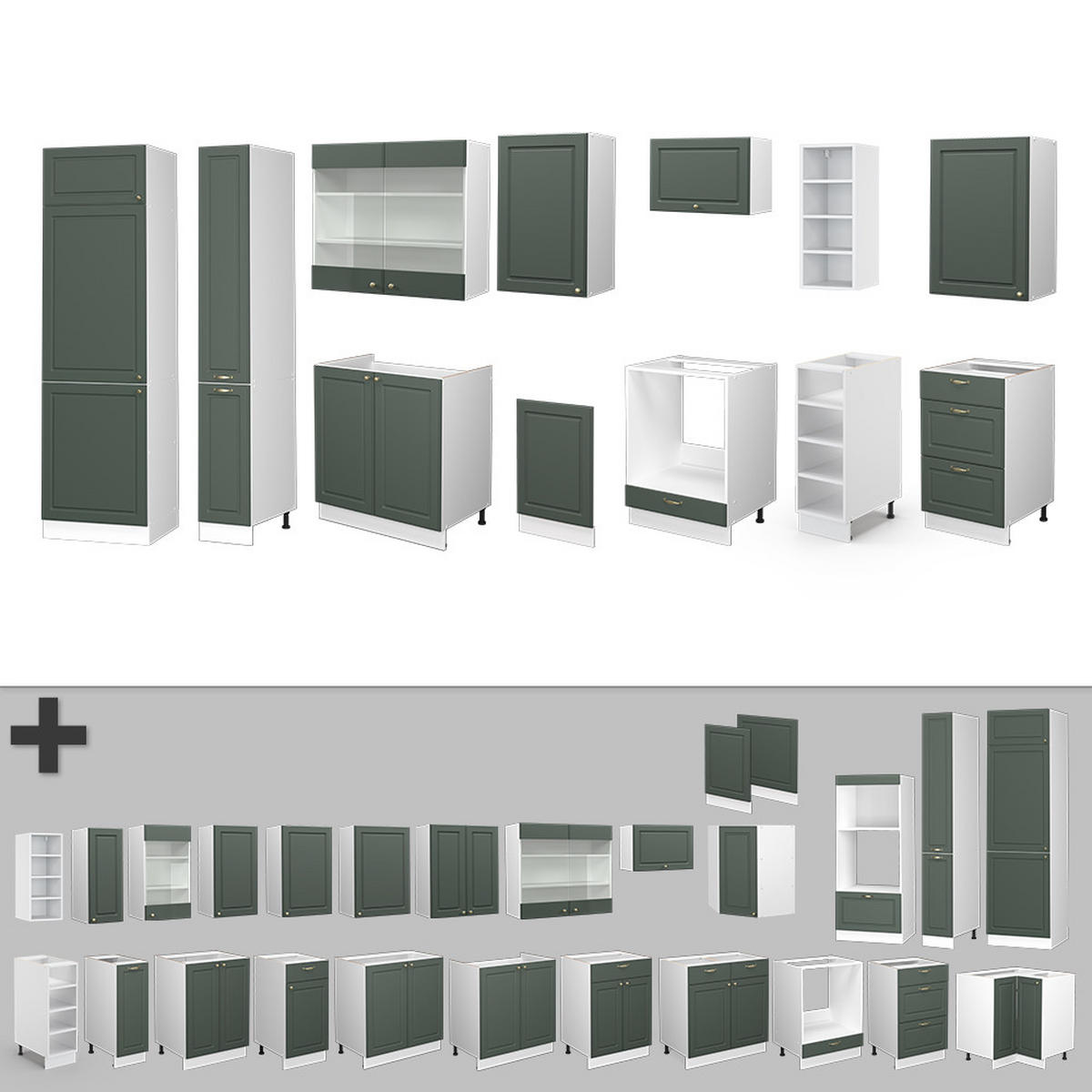 KÜCHENZEILE Fame-Line Grün-Gold Landhaus/Weiß 355 cm, AP Marmor - Weiß/Grün, Holzwerkstoff (355/81.6/60cm) - Vicco
