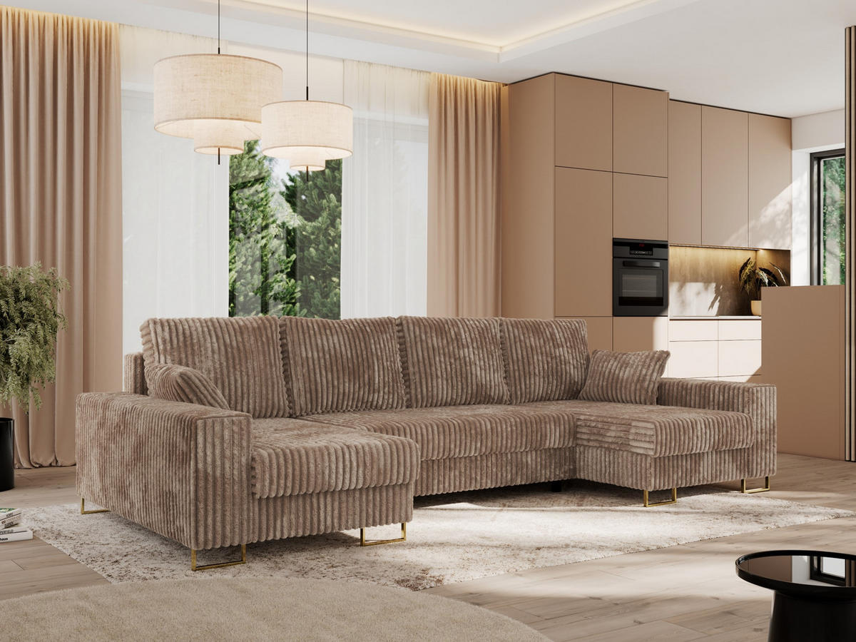 WOHNLANDSCHAFT DORIAN U Cord Braun - Goldfarben/Braun, Textil/Metall (312/95/138cm) - MKS