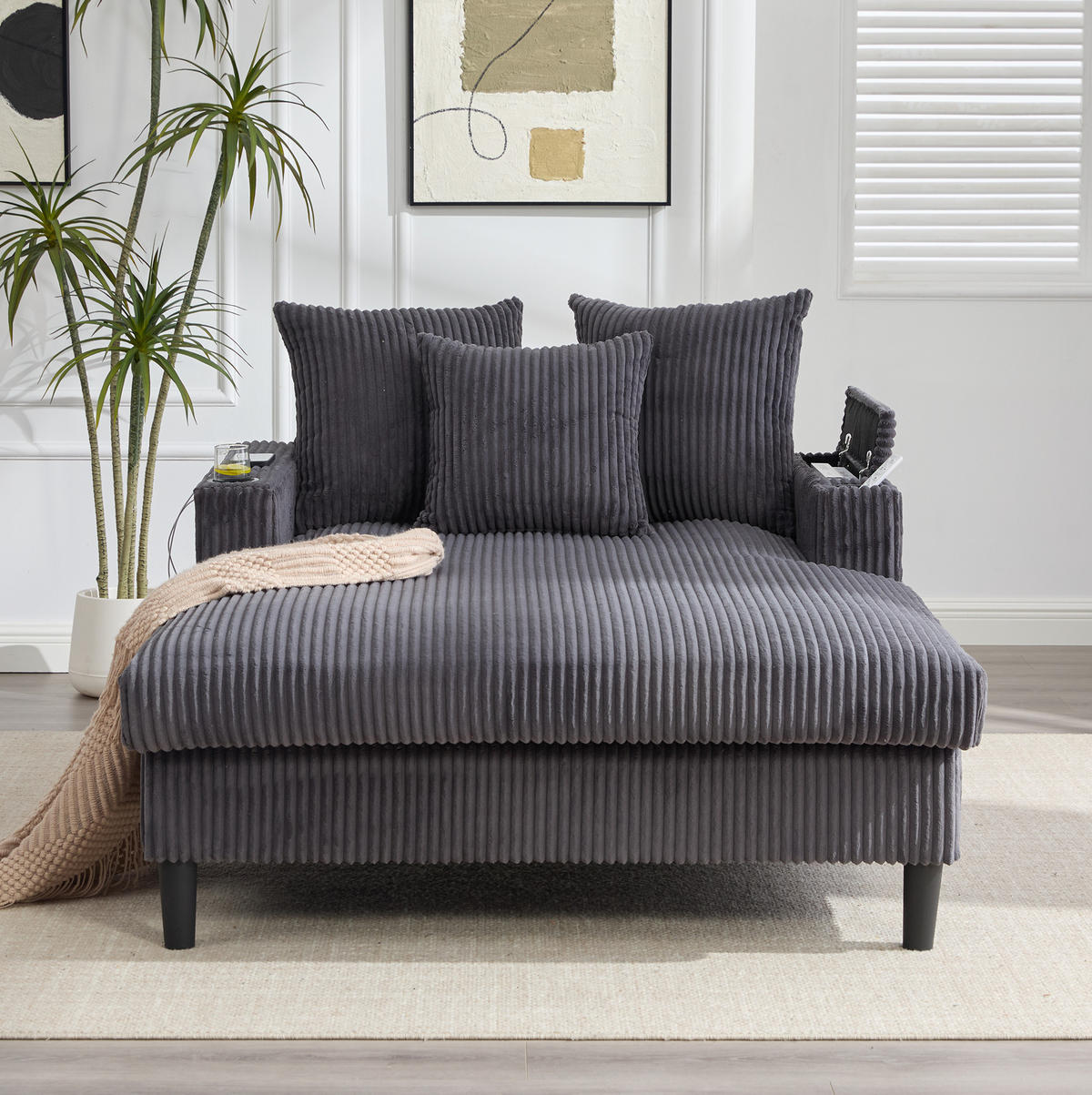 CHAISELONGUE 170/129/70 cm mit LED-Beleuchtung, USB-Anschluss, Stauraum und 2 Becherhaltern, Dunkelgrau - Dunkelgrau, Textil (170/70/129cm) - Redom