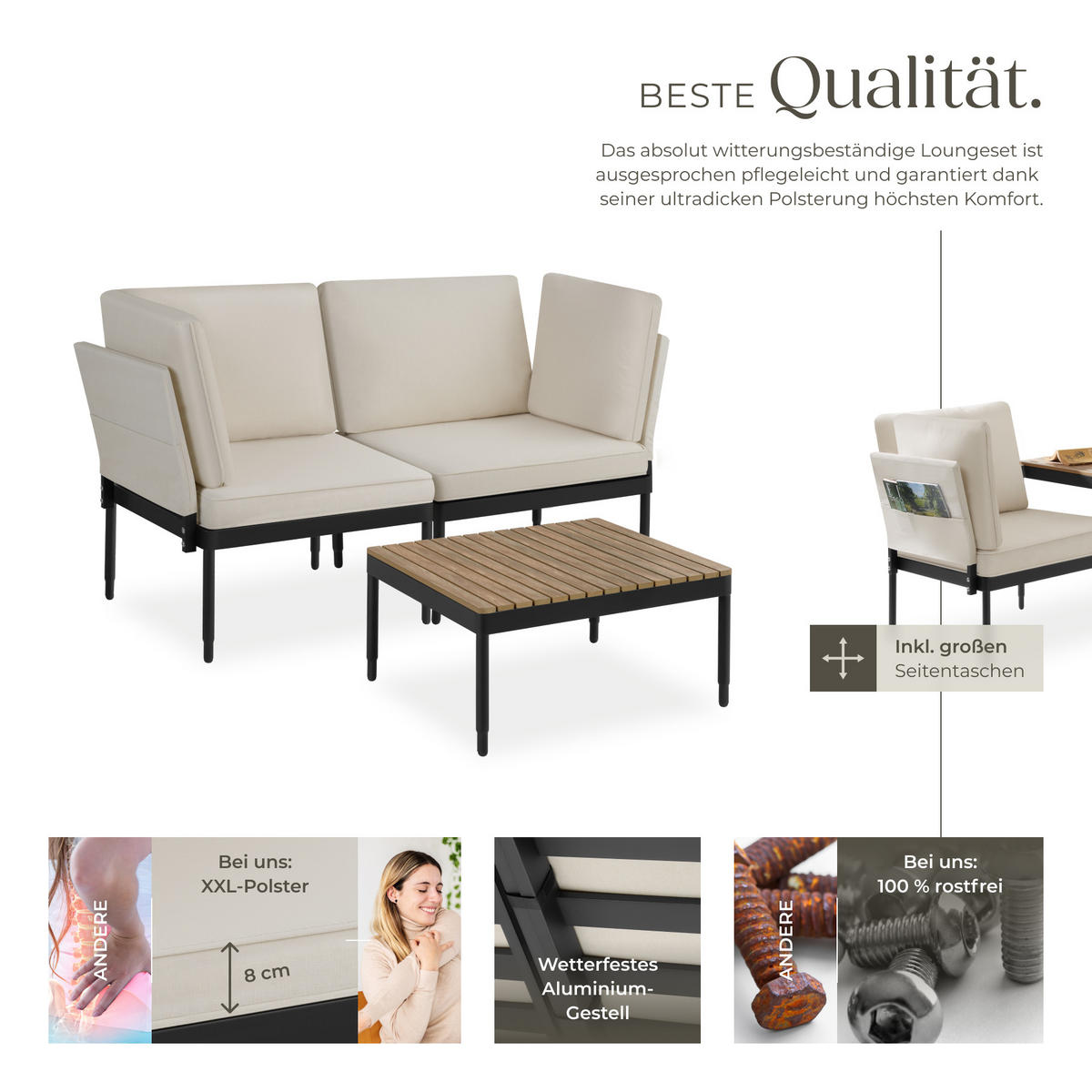 GARTENLOUNGE-SET Magaluf,Armlehnen mit Seitentaschen, stapelbar,anthrazit/grau - Anthrazit/Grau, Kunststoff/Metall - tectake